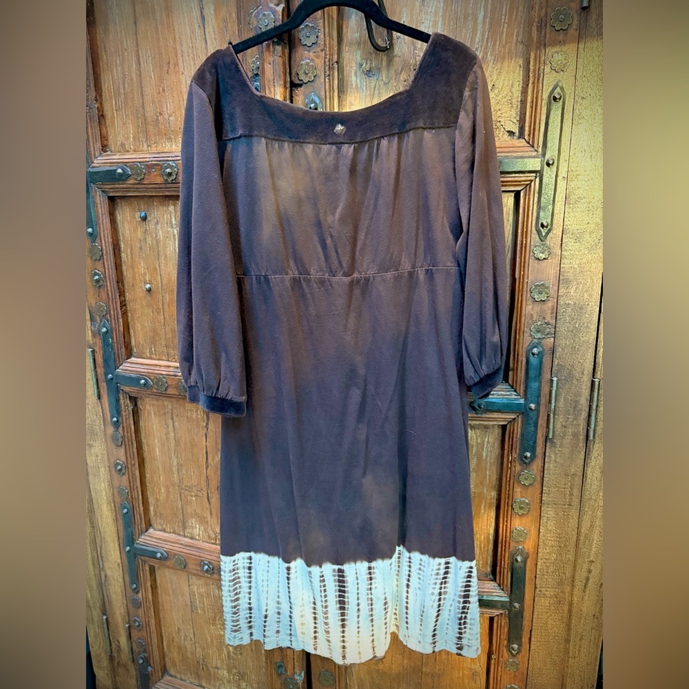 Prana Dark Brown 100% Cotton Midi Dress with velvet trim. 3/4 sleeve EUC XL - Picture 7 of 12